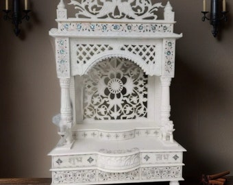 白い大理石の手作り寺院（カスタム）、家庭用のプージャマンディル