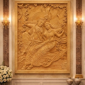 May include: A large, detailed relief carving depicting two figures in traditional attire, set within a decorative frame. The artwork is in warm, earthy tones and is mounted on a wall with ornate architectural details, including columns and sconces.