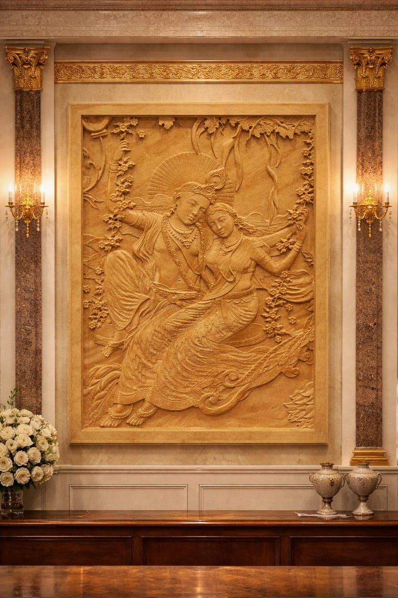 May include: A large, detailed relief carving depicting two figures in traditional attire, set within a decorative frame. The artwork is in warm, earthy tones and is mounted on a wall with ornate architectural details, including columns and sconces.