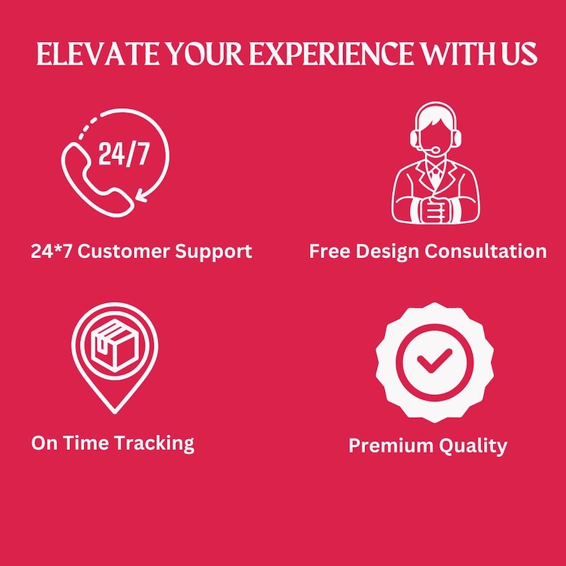 May include: A red background with white text and icons. The text reads "ELEVATE YOUR EXPERIENCE WITH US." Icons represent 24/7 customer support, free design consultation, on-time tracking, and premium quality.