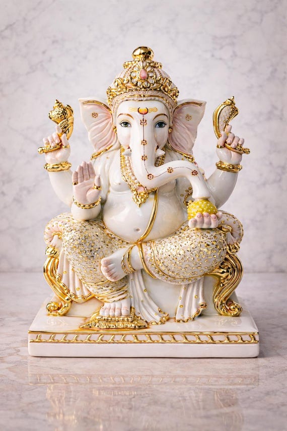 Lord Ganesha Statue for Pooja Mandir, Temple Decor, Dust Marble Hindu God, Ganpati Altar