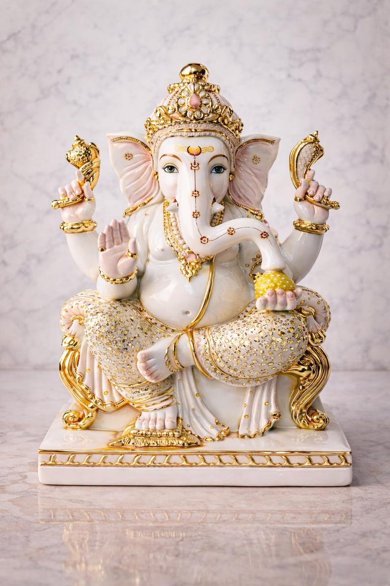 May include: A white ceramic statue of the deity Ganesha seated in a cross-legged position. The figure features gold-painted accents on the crown, jewelry, clothing, and base, with a yellow textured orb held in one of the four hands.