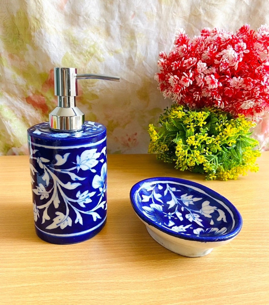 Set of 2 Blue Pottery Soap Dispenser and Soap Dish, Shampoo Dispenser,  Lotion Pump, Refillable Bottles, Handmade Ceramic Dish Soap Dispenser 