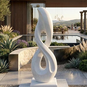 Puede incluir: Escultura de mármol blanco con un diseño fluido e entrelazado, sobre una base cuadrada. La escultura está al aire libre, con una piscina y paisajismo al fondo. La escultura mide aproximadamente 1,8 metros de altura.