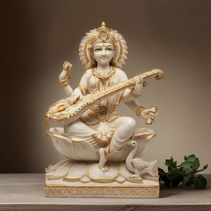 Saraswati Idol Statue (Customized) Pure White Marble for Puja Mandir, Saraswati Statue on Lotus, Hindu goddess of Arts, Music & Knowledge