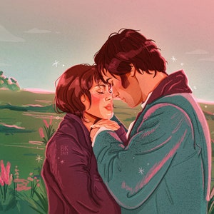 May include: A couple is embracing in a field of green grass and pink flowers. The man is wearing a teal jacket and the woman is wearing a burgundy jacket. The sky is a soft pink and there are white stars in the background.