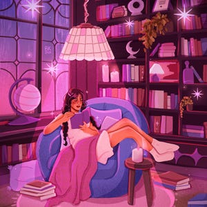 May include: A woman sits in a cozy armchair reading a book in a room filled with bookshelves and glowing lights. The room has a magical and enchanting atmosphere with twinkling lights and a warm, inviting ambiance.