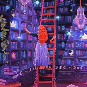 May include: An illustration of a person with red hair reaching for a book on a library shelf. The person is wearing a purple cape with star designs. A red ladder leads up to the shelves, and the room is lit with hanging lamps and celestial decorations.