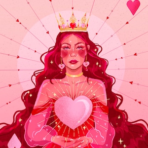 May include: Digital illustration of a queen holding a glowing heart. She wears a gold crown and jewellery, with long red hair and a red dress. The background is pink with heart-shaped accents and the text "Q" and a heart symbol.