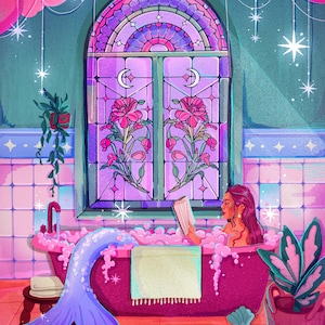 Puede incluir: Ilustración de una cola de sirena y una persona en una bañera llena de burbujas. La escena está ambientada en un baño con una vidriera, nubes rosas y estrellas colgantes. La cola de sirena es morada y azul.