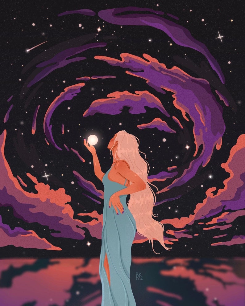 May include: A woman with long blonde hair stands in front of a swirling galaxy background. She is wearing a light blue dress and holding a small white orb in her hand.