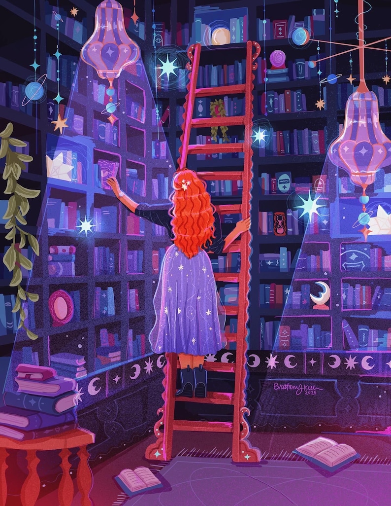 May include: An illustration of a person with red hair reaching for a book on a ladder in a library. The library is filled with bookshelves, hanging lights, and celestial decorations. The person wears a purple cape with star designs.