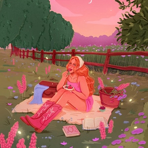 May include: Digital illustration of a person enjoying a picnic in a field of flowers. The person is wearing a pink dress and cowboy boots. A blanket, books, and a bucket of flowers are also present. The background features a fence, trees, and a sunset.
