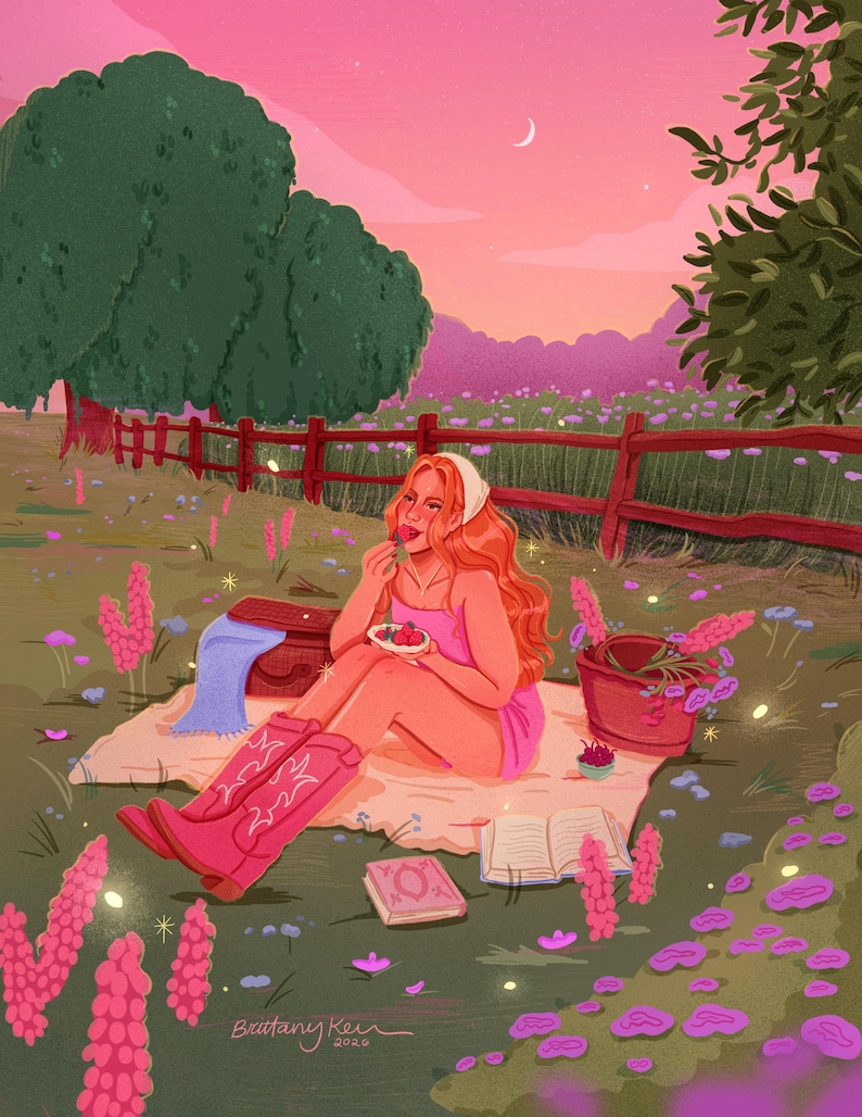 May include: Digital illustration of a person enjoying a picnic in a field of flowers. The person is wearing a pink dress and cowboy boots. A blanket, books, and a bucket of flowers are also present. The background features a fence, trees, and a sunset.