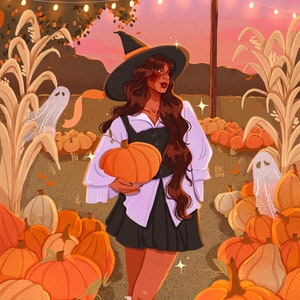 May include: A digital illustration of a person with long brown hair wearing a black witch hat, a white blouse, and a black skirt, holding an orange pumpkin in a pumpkin patch. The scene includes corn stalks, small white ghost figures, and string lights.