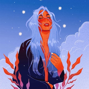 May include: Digital illustration of a person with blue hair and orange skin, set against a blue sky with stars and clouds. The person is wearing a dark blue jacket, with red and pink foliage in the foreground. The artwork is signed "BK 2022".