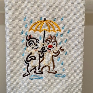 Chip and Dale in the Rain Disney Inspired Embroidered Hand Towel for Kitchen or Bathroom - FREE PERSONALIZATION!