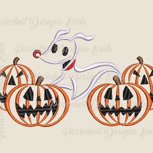 May include: Embroidered design featuring a white ghost with a red nose and four orange pumpkins with black jack-o'-lantern faces.