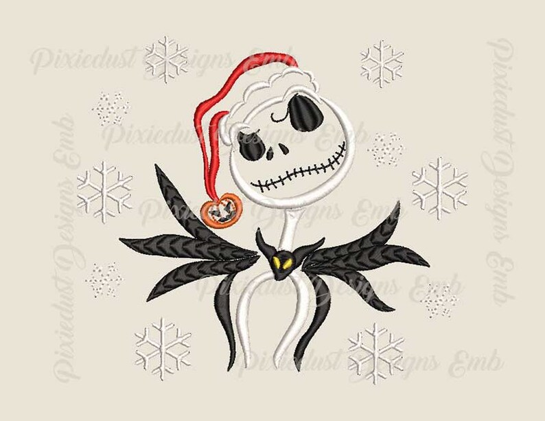 May include: White and black embroidered design of Jack Skellington from The Nightmare Before Christmas wearing a Santa hat. The design is surrounded by snowflakes.