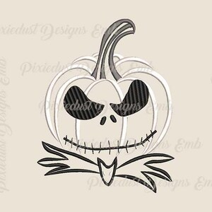 May include: Black and white embroidery design of a pumpkin with a Jack Skellington face. The pumpkin has a stem and a stitched mouth.