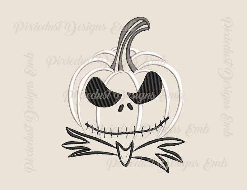 May include: Black and white embroidery design of a pumpkin with a Jack Skellington face. The pumpkin has a stem and a stitched mouth.