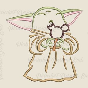 May include: A line art embroidery design of a green and brown character holding a brown and white Mickey Mouse ice cream cone.