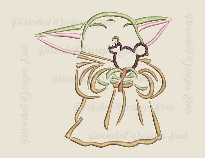 May include: A line art embroidery design of a green and brown character holding a brown and white Mickey Mouse ice cream cone.