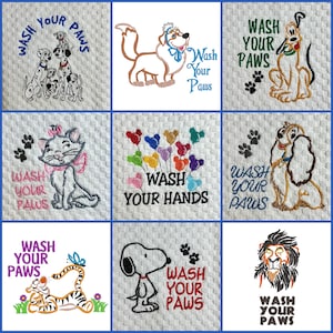 Wash Your Paws Hands Pluto Tigger Lady Nana Lady 101 Dalmatians Snoopy Marie Scar Disney Inspired Embroidered Hand Towel Kitchen Bathroom
