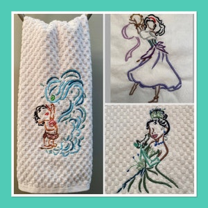 Princesses Princess Moana Esmeralda Tiana Disney Inspired Embroidered Hand Towel for Kitchen or Bathroom - FREE PERSONALIZATION!