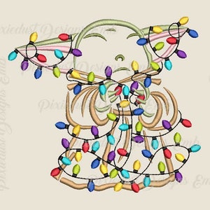 May include: A green and brown cartoon character with large ears is wrapped in colourful Christmas lights. The lights are red, yellow, green, blue, and purple.