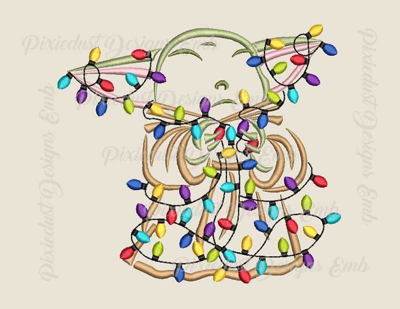 May include: A green and brown cartoon character with large ears is wrapped in colourful Christmas lights. The lights are red, yellow, green, blue, and purple.