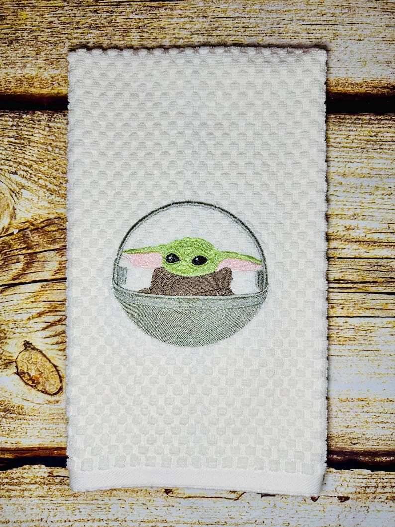 Mandalorian Grogu Baby Yoda Star Wars Christmas Disney Inspired Embroidered Hand Towel for Kitchen or Bathroom - Free personalization Grogu in Pram