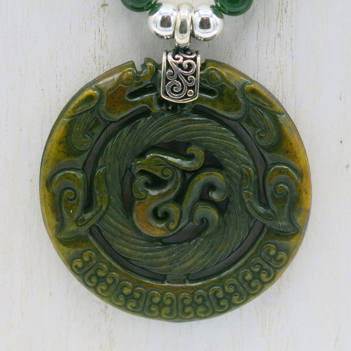 Asian Jade Dragon Pendant Necklace Jade Bead Necklace Carved Etsy
