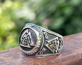 Anel Valknut PRATA DE LEI 925 Viking Rúnico Odin Símbolos Sagrados Triângulos entrelaçados Pedra Snoldelev