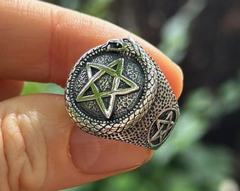 Ouroboros Pentagram Ring 925 STERLING SILBER Okkulte Heilige alchemistische Talisman Schlange fressend Schwanz Wicca
