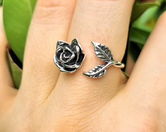 Rose Flower Ring STERLING SILVER 925 Rose Leaves Floral Exclusive Design Adjustable