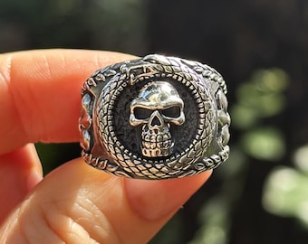 Ouroboros Skull Ring STERLING SILVER 925 Fleur de Lis Alchemical Symbol Sacred Talisman Amulet