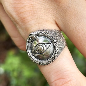 Anillo Ouroboros Ojo que todo lo ve PLATA DE LEY 925 Talismán de serpiente que devora la cola Símbolo antiguo Ojo de la Providencia