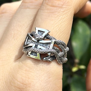 Snake Cross Ring Sterling Silver 925 Knights Templar Cross Serpent Alchemical Symbol Sacred Talisman Amulet