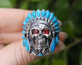 Handmade Sterling Silver Native American Indian Skull Ring Biker 