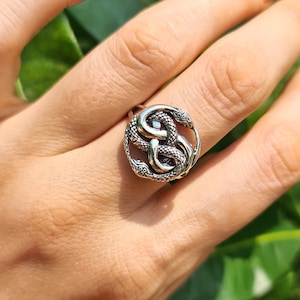 Double Snake Ring STERLING SILVER 925 Interlocking Snakes Serpent Swirl Occult Sacred Symbol Talisman Protective Amulet