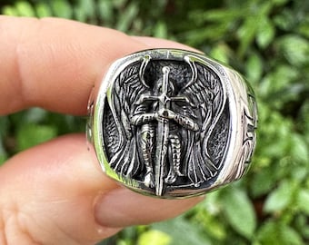 Archangel Michael Ring 925 Sterling Silver Angel with Sword Celestial Angelic Warrior Protector Sacred Talisman Sigil of Michael Amulet