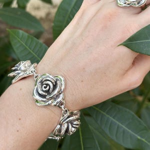 Large Rose Flower Bracelet STERLING SILVER 925 Massive Silver Rose Floral Exclusive Design Cocktail Bracelet Big Flower 8 1/2 inches
