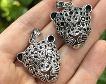 Panther Pendant STERLING SILVER 925 Jaguar Cubic Zirconia Black White Red Eyes Cat Animal Totem Talisman
