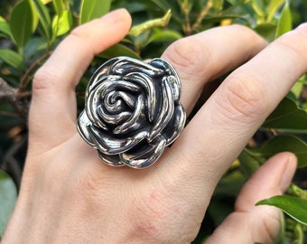 Extra Large Rose Flower Ring STERLING SILVER 925 Massive Silver