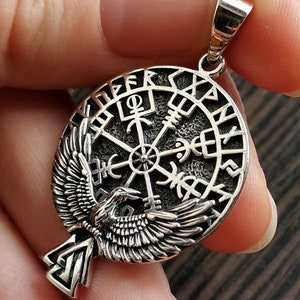 Vegvisir Anhänger 925 Sterling Silber Vilking Crow Valknut Isländisch Magisch Stab Skandinavisch Runen Futhark Isländisch Kompass Okkulter Talisman