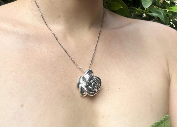 Large Rose Flower Pendant STERLING SILVER 925 Massive Silver Rose