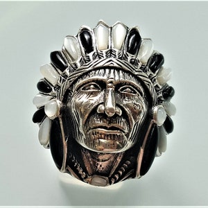 American Indian Chief Warrior Ring STERLING SILVER 925 Natural Mother of Pearl & Black Onyx Ring Spirit Amulet Talisman