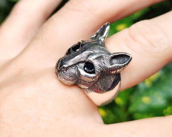 猫の指輪 スターリングシルバー 925 ブラックオニキスの目 巨大な猫の