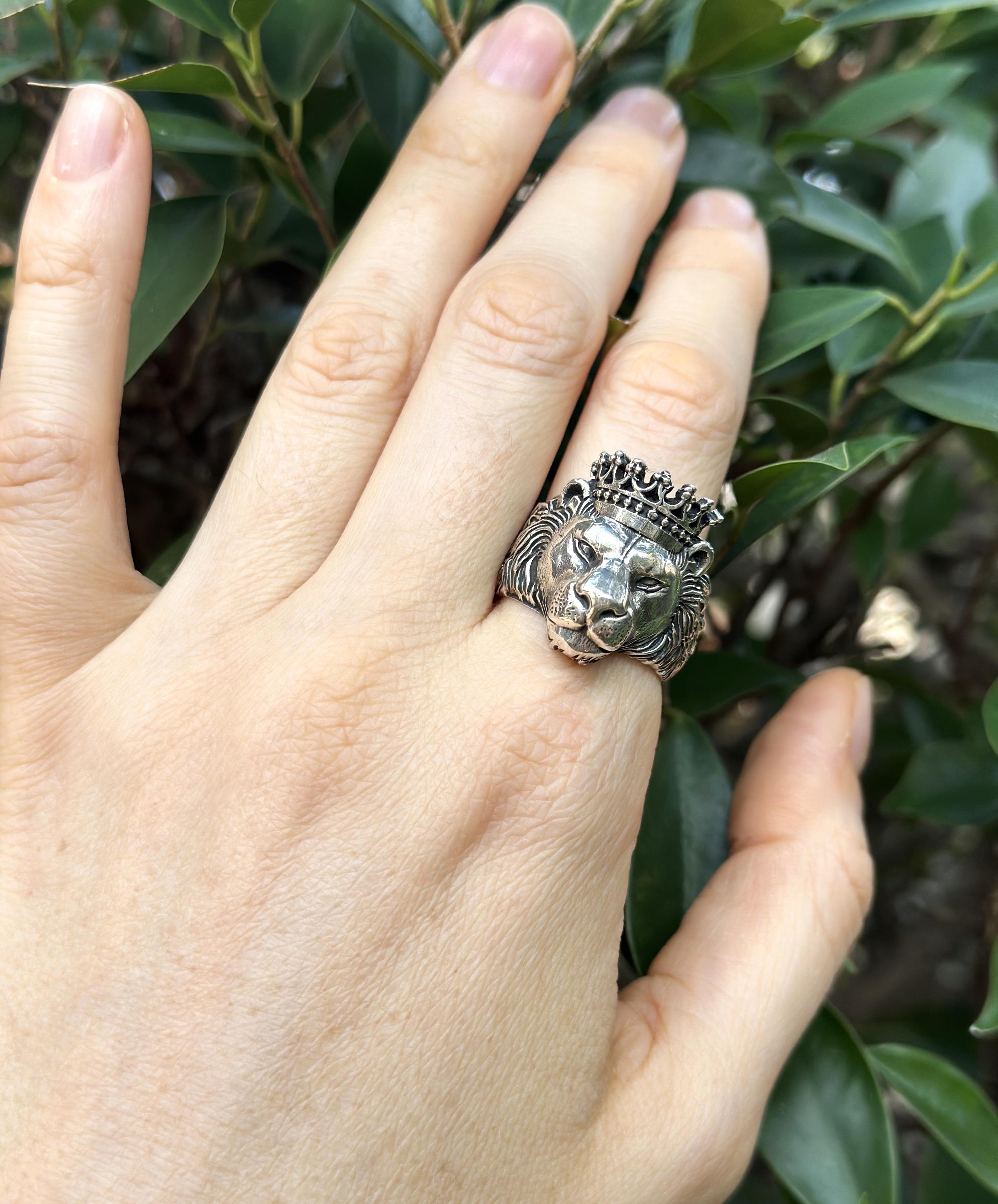 Lion Ring 925 STERLING SILVER Crowned LION Head Crown Royal Power